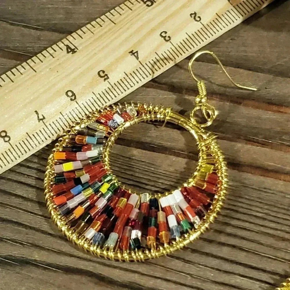 Beaded Red Multi Tiny Glass Beads Gogo Gold Tone Hoop Earrings - Picture 8 of 8